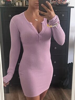 PrettyLittleThing Lilac Ribbed V-Neck Button-Up Mini Sweater dress